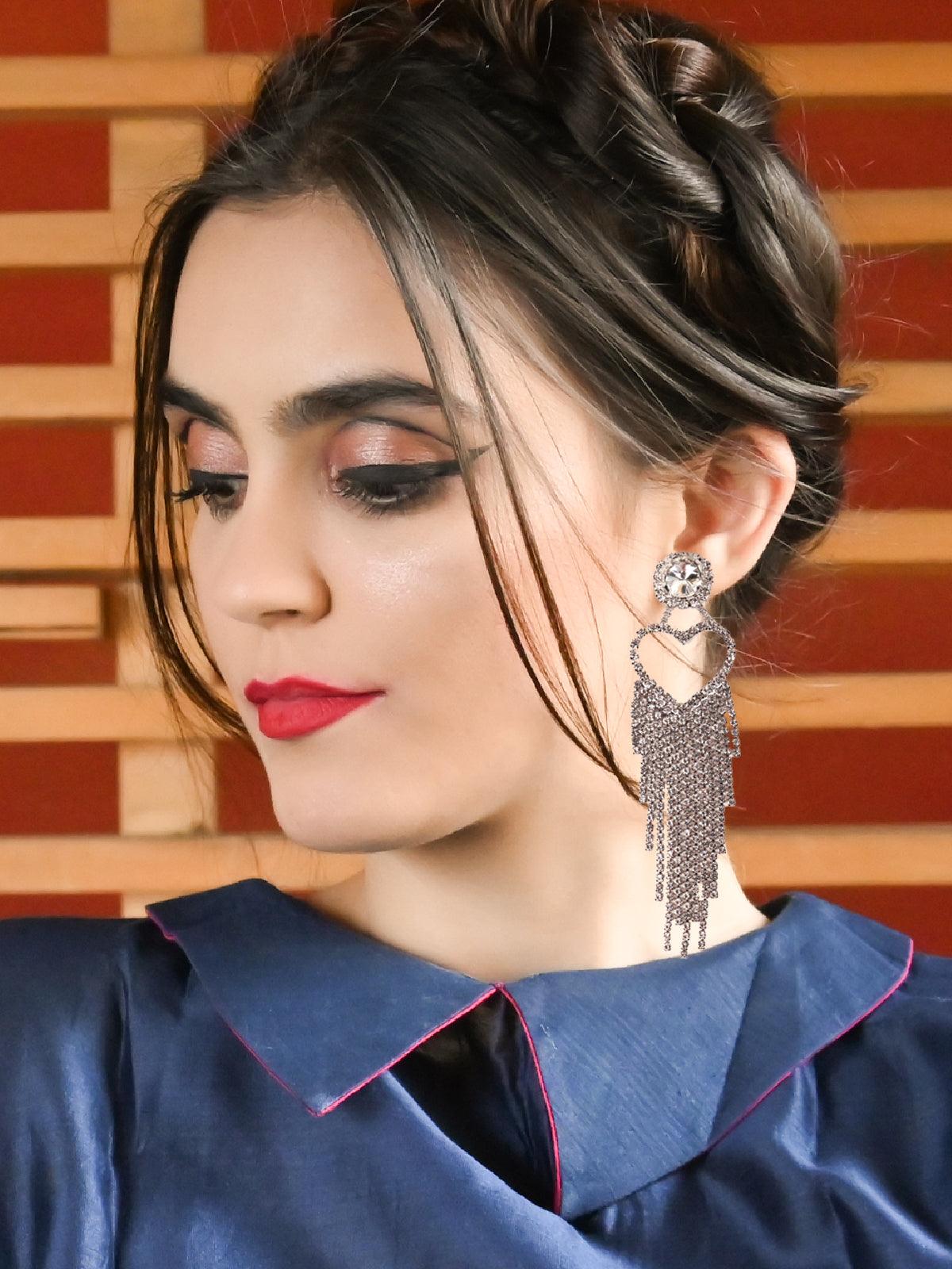 Women's Heart-Shaped Drop-Down Crystals Tassel Earring