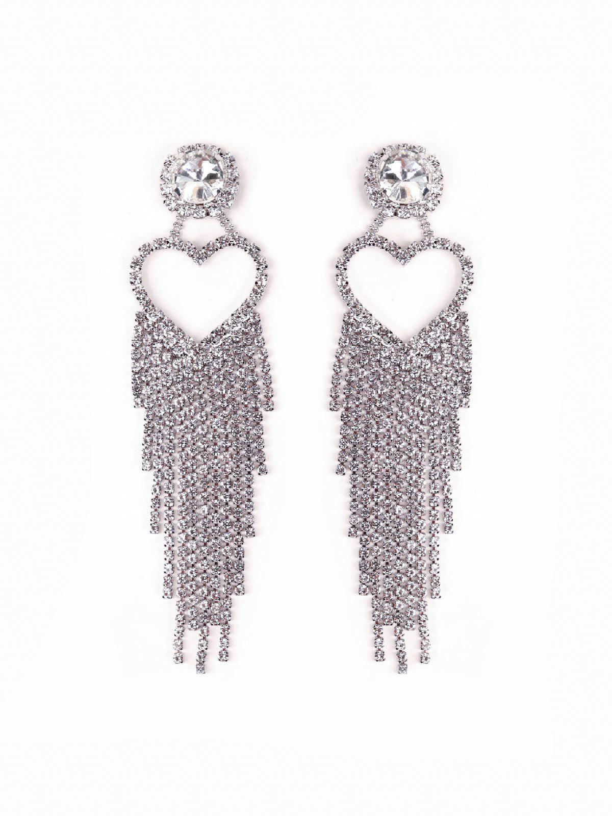 Women's Heart-Shaped Drop-Down Crystals Tassel Earring