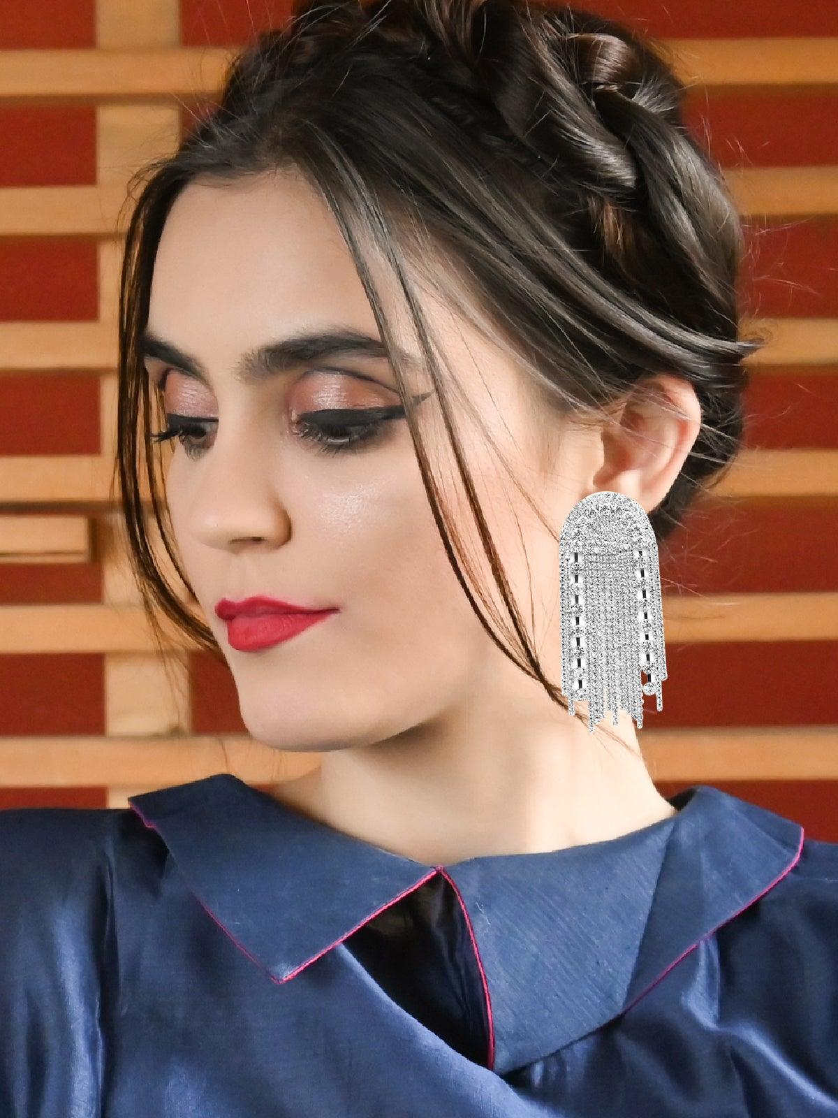 Women's Heavily Embellished Overlapping Crystal Drop Earrings- Silve