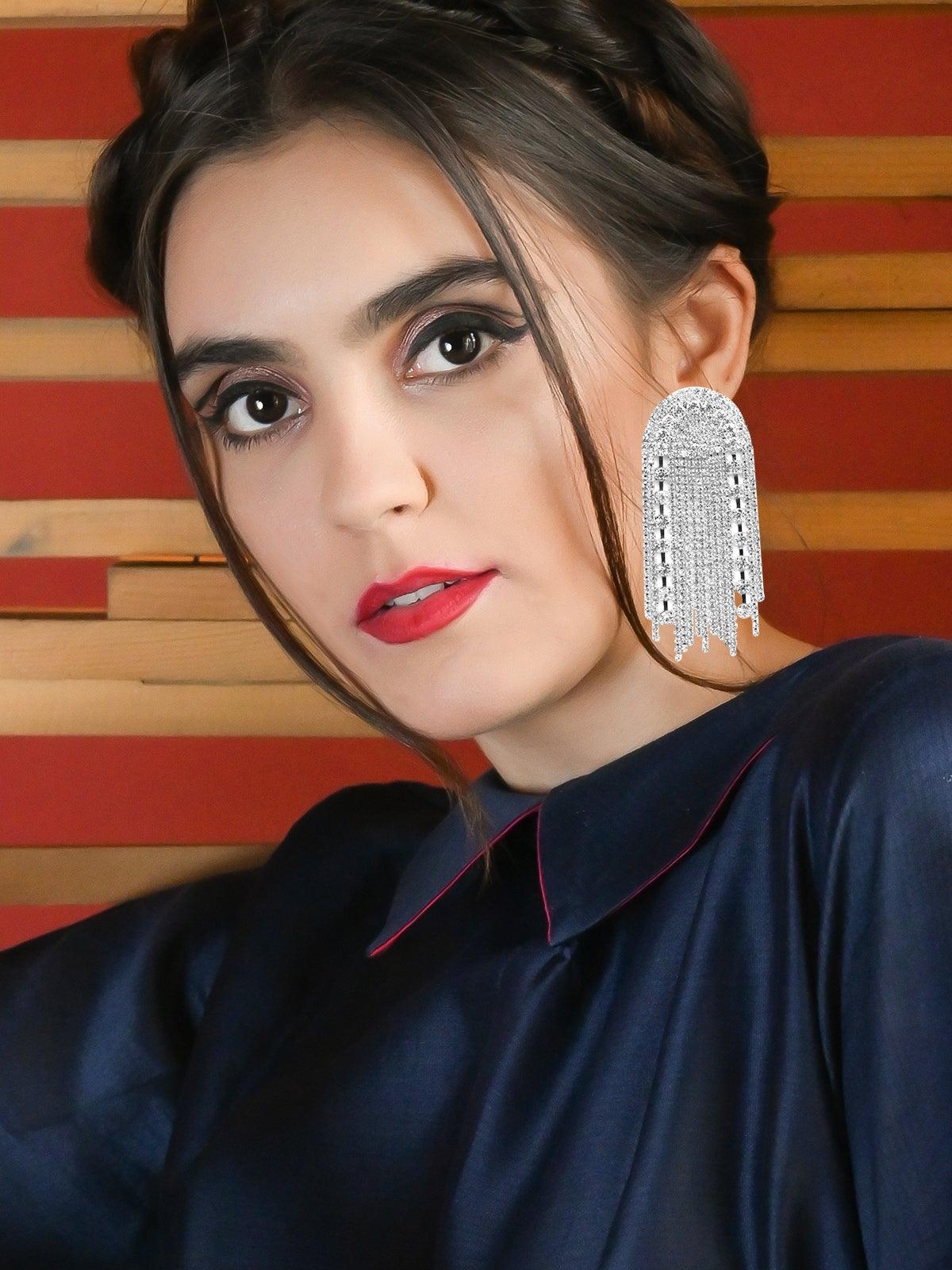 Women's Heavily Embellished Overlapping Crystal Drop Earrings- Silve