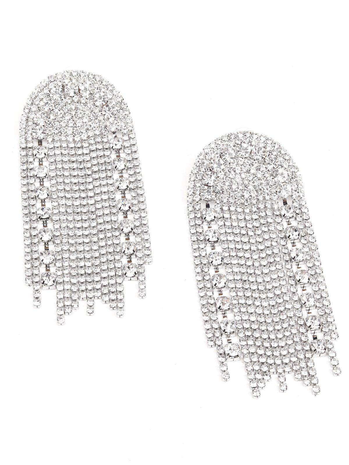 Women's Heavily Embellished Overlapping Crystal Drop Earrings- Silve