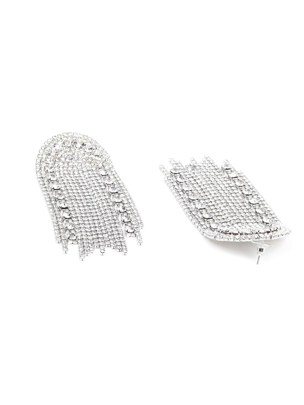 Women's Heavily Embellished Overlapping Crystal Drop Earrings- Silve