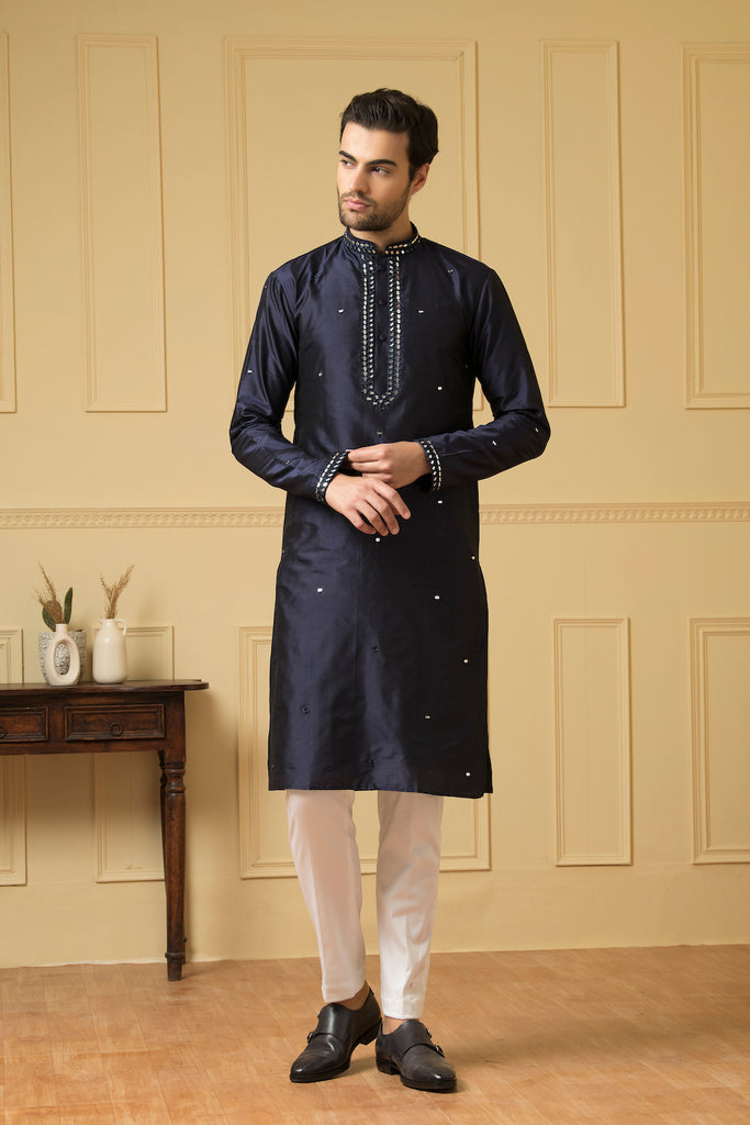 Men's Mid Night Blue Silk Mirror Kurta