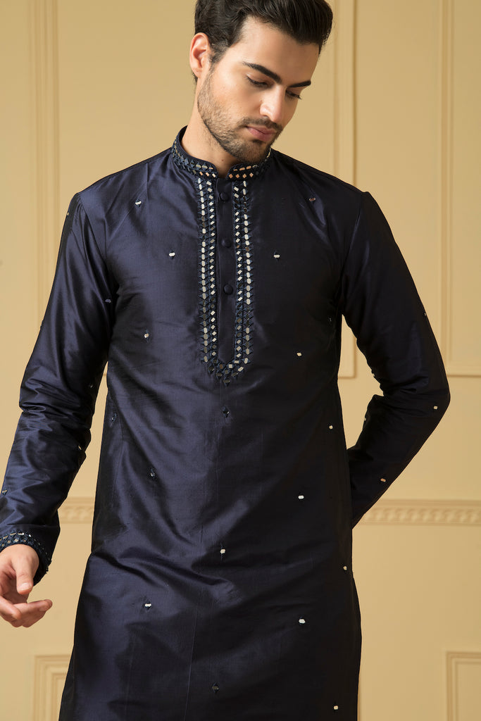 Men's Mid Night Blue Silk Mirror Kurta