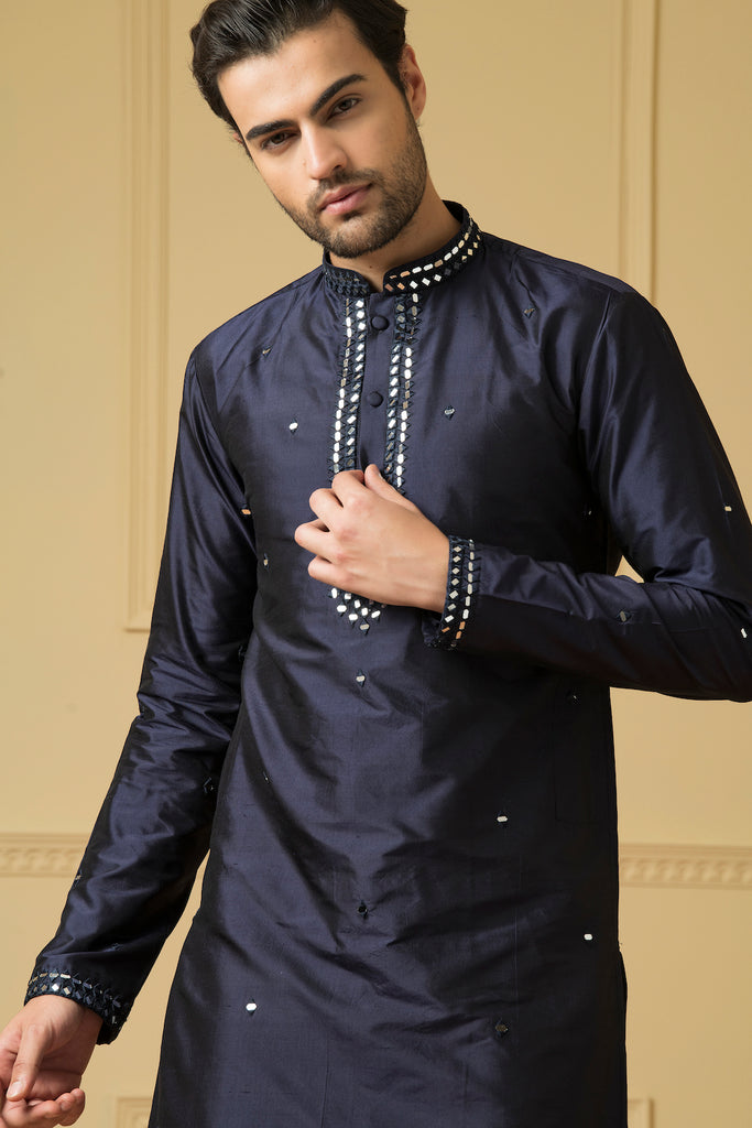 Men's Mid Night Blue Silk Mirror Kurta