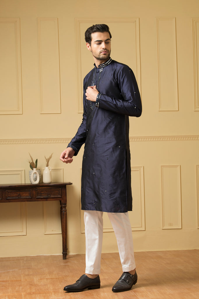 Men's Mid Night Blue Silk Mirror Kurta