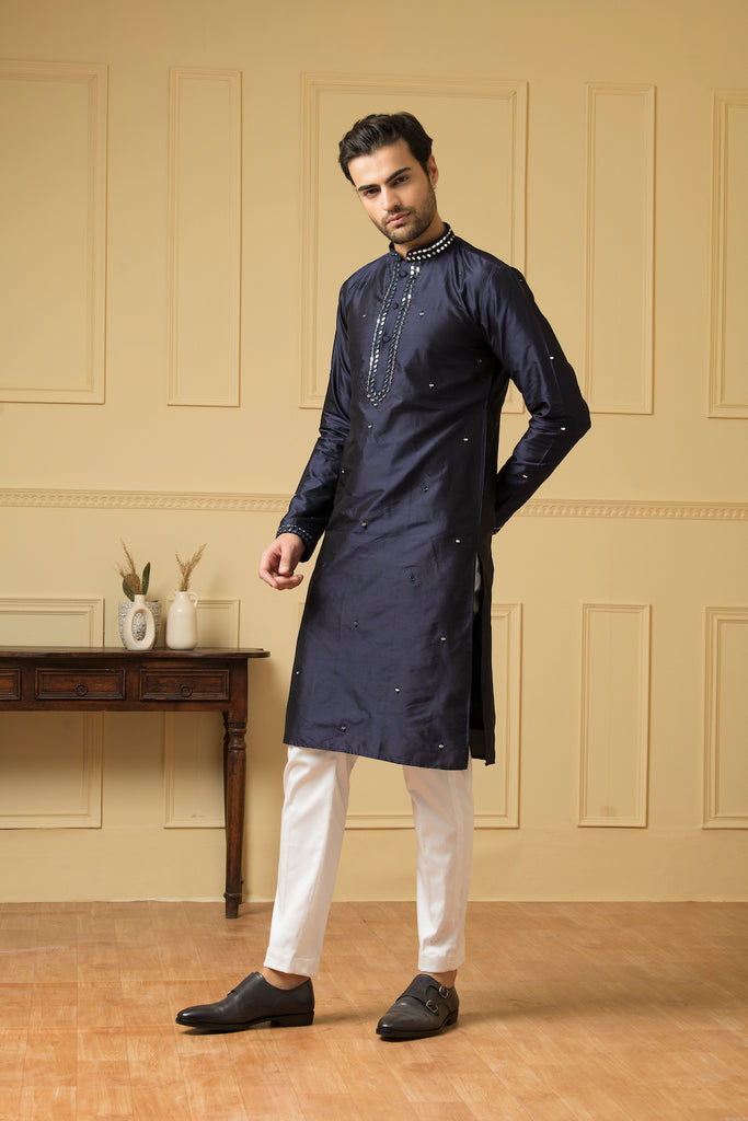 Men's Mid Night Blue Silk Mirror Kurta