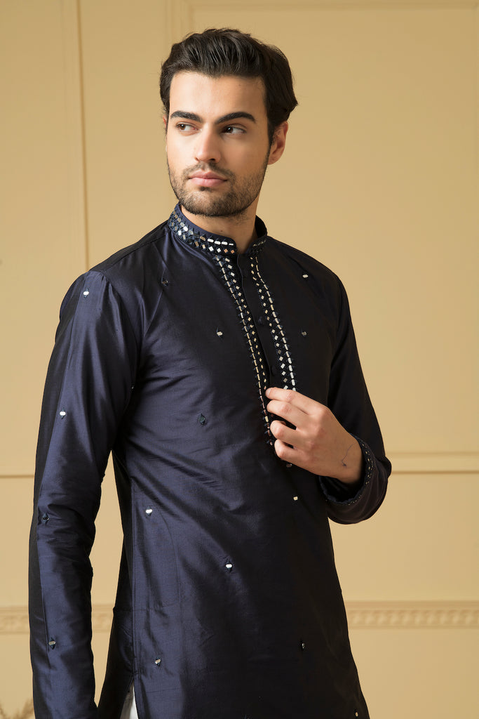 Men's Mid Night Blue Silk Mirror Kurta