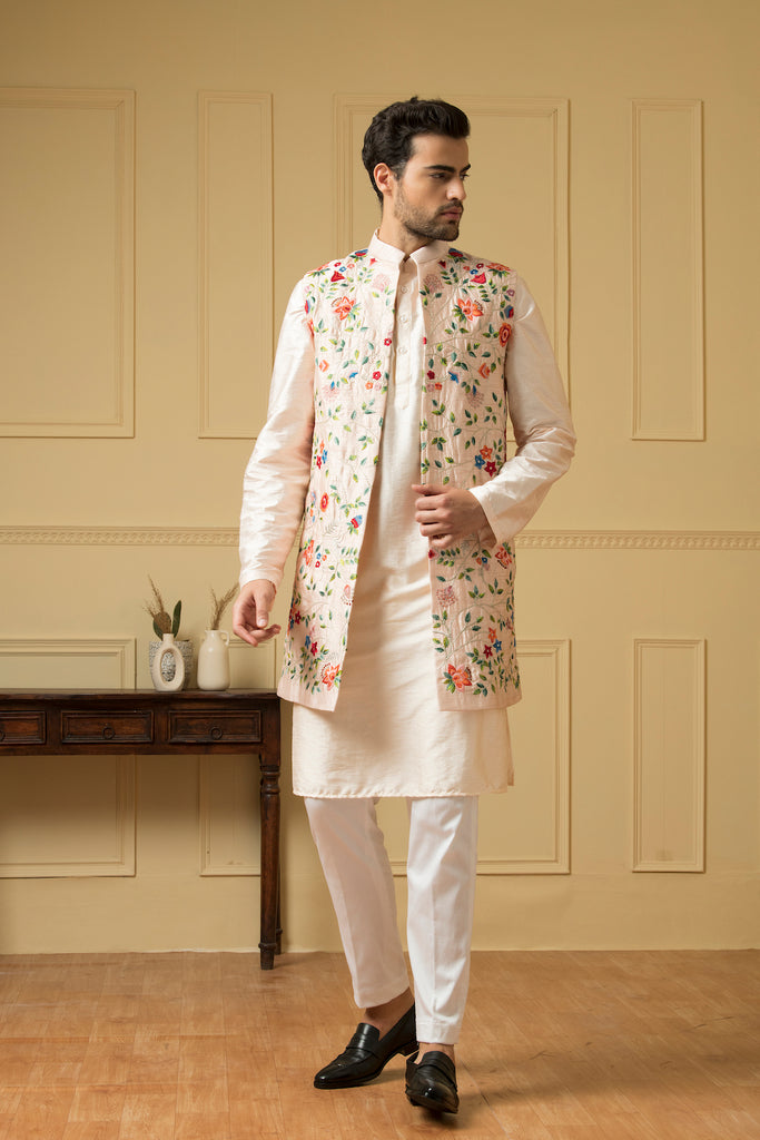 Men's Long Floral Embroidered Nehru Jacket Set