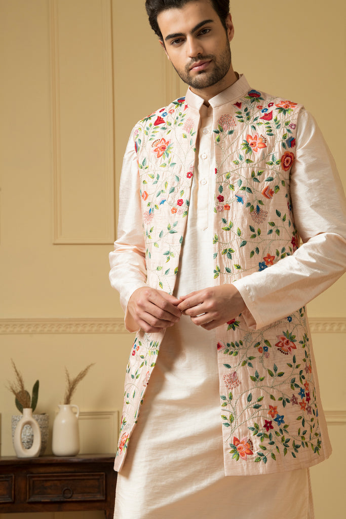 Men's Long Floral Embroidered Nehru Jacket Set