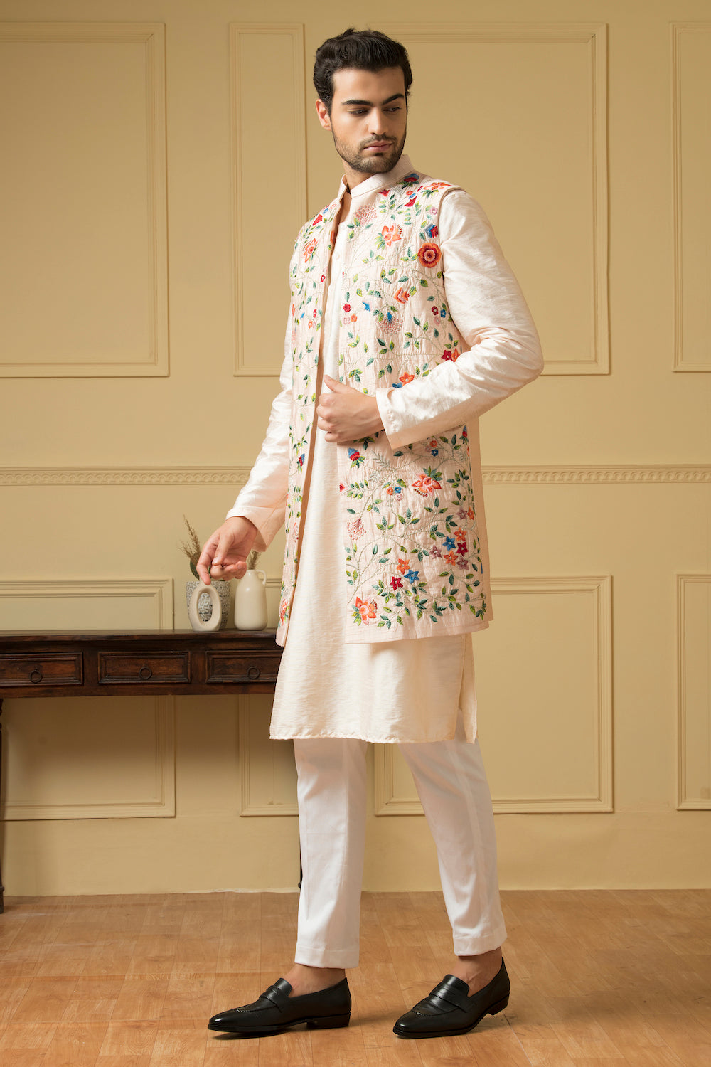 Men's Long Floral Embroidered Nehru Jacket Set - Hilo Design