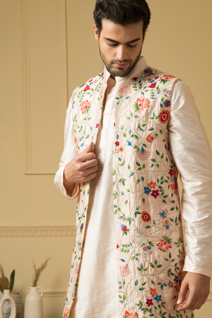 Men's Long Floral Embroidered Nehru Jacket Set