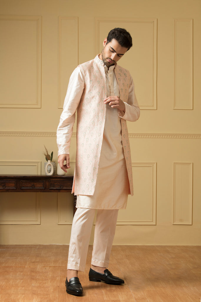 Men's Pink Embroidered Long Nehru Jacket