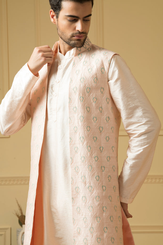 Men's Pink Embroidered Long Nehru Jacket