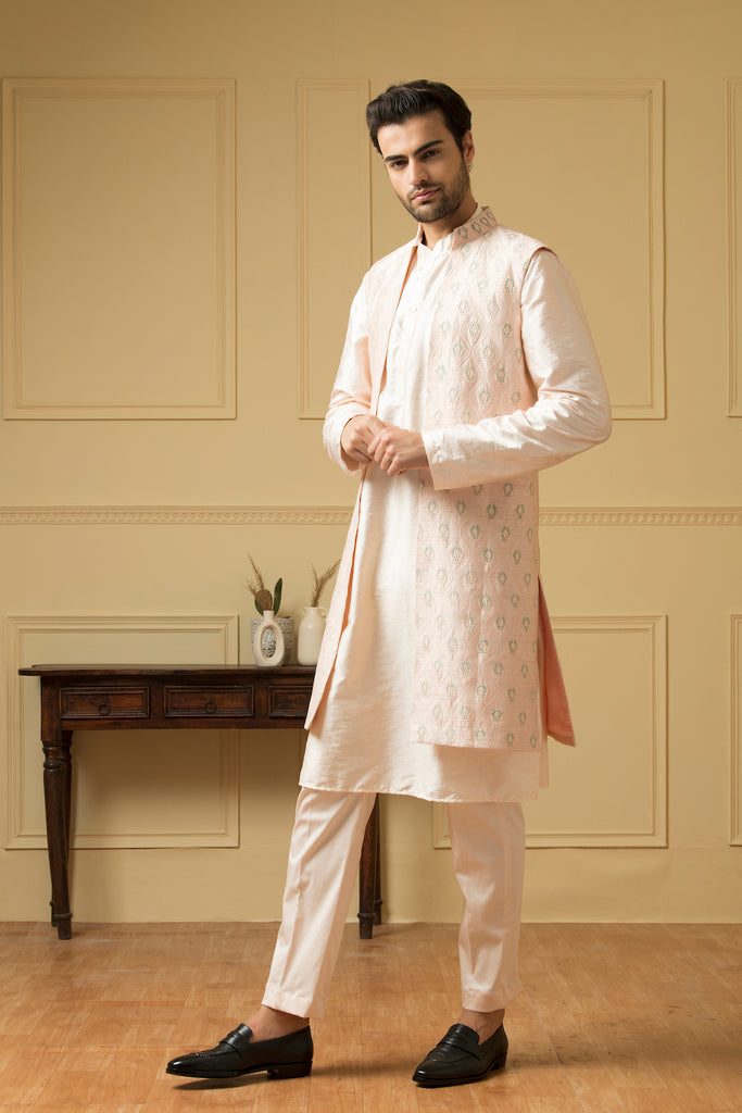 Men's Pink Embroidered Long Nehru Jacket