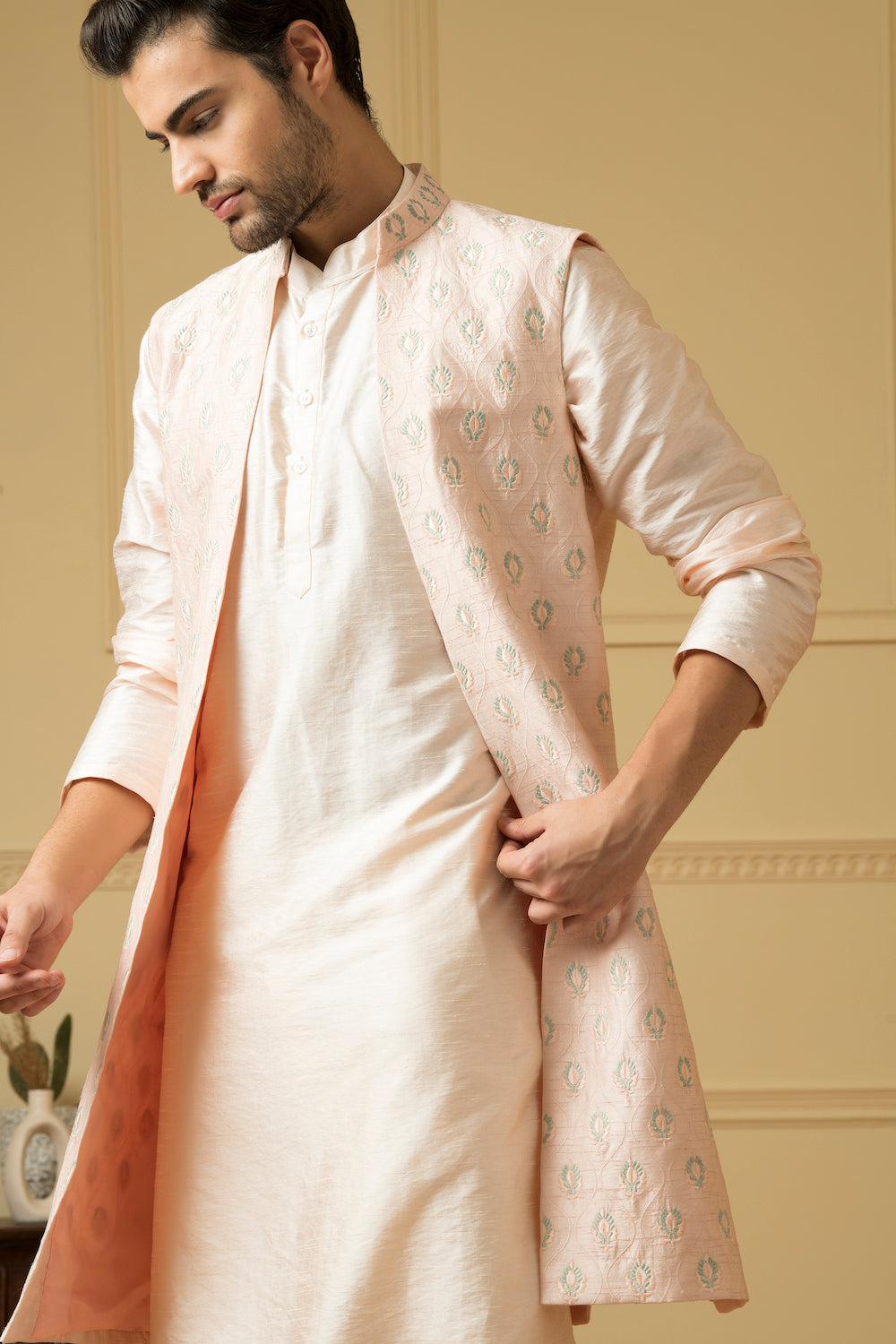 Men's Pink Embroidered Long Nehru Jacket - Hilo Design