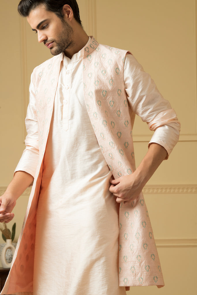 Men's Pink Embroidered Long Nehru Jacket