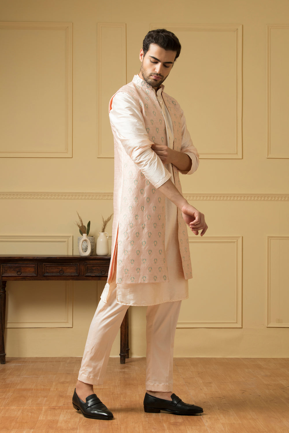 Men's Pink Embroidered Long Nehru Jacket - Hilo Design