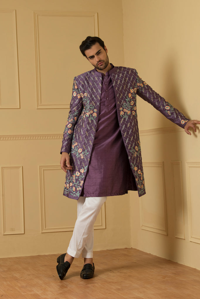 Men's Purple Embroidered Nehru Jacket Set