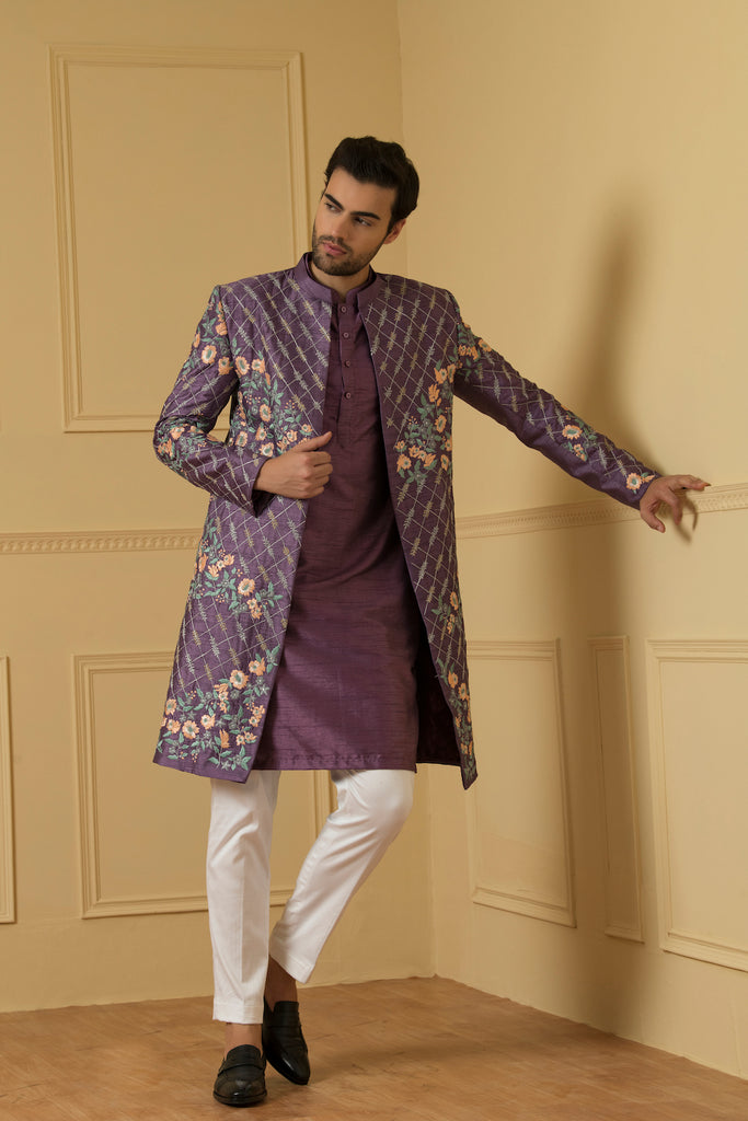 Men's Purple Embroidered Nehru Jacket Set