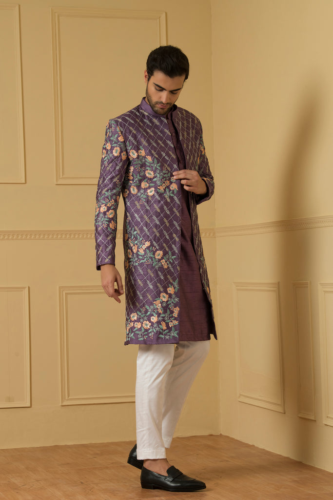 Men's Purple Embroidered Nehru Jacket Set