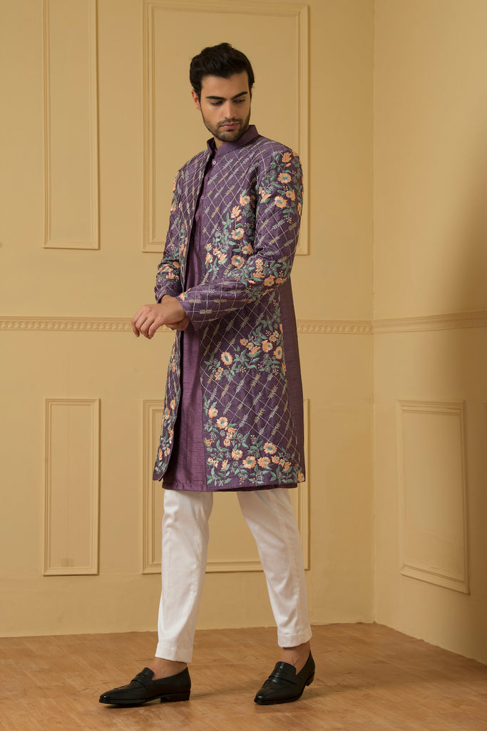 Men's Purple Embroidered Nehru Jacket Set