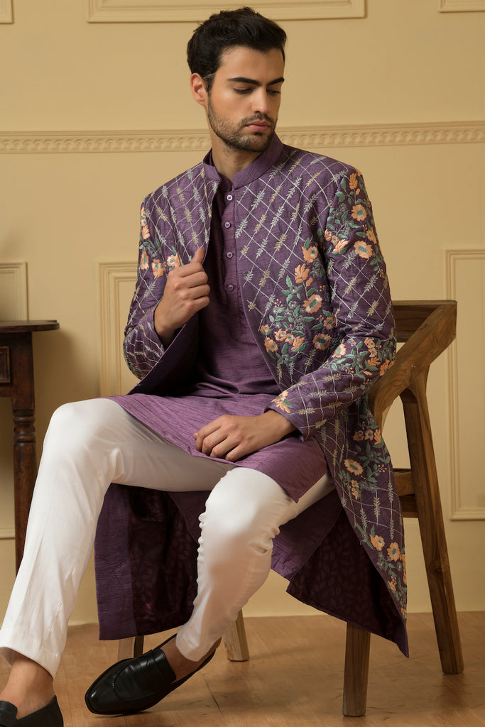 Men's Purple Embroidered Nehru Jacket Set
