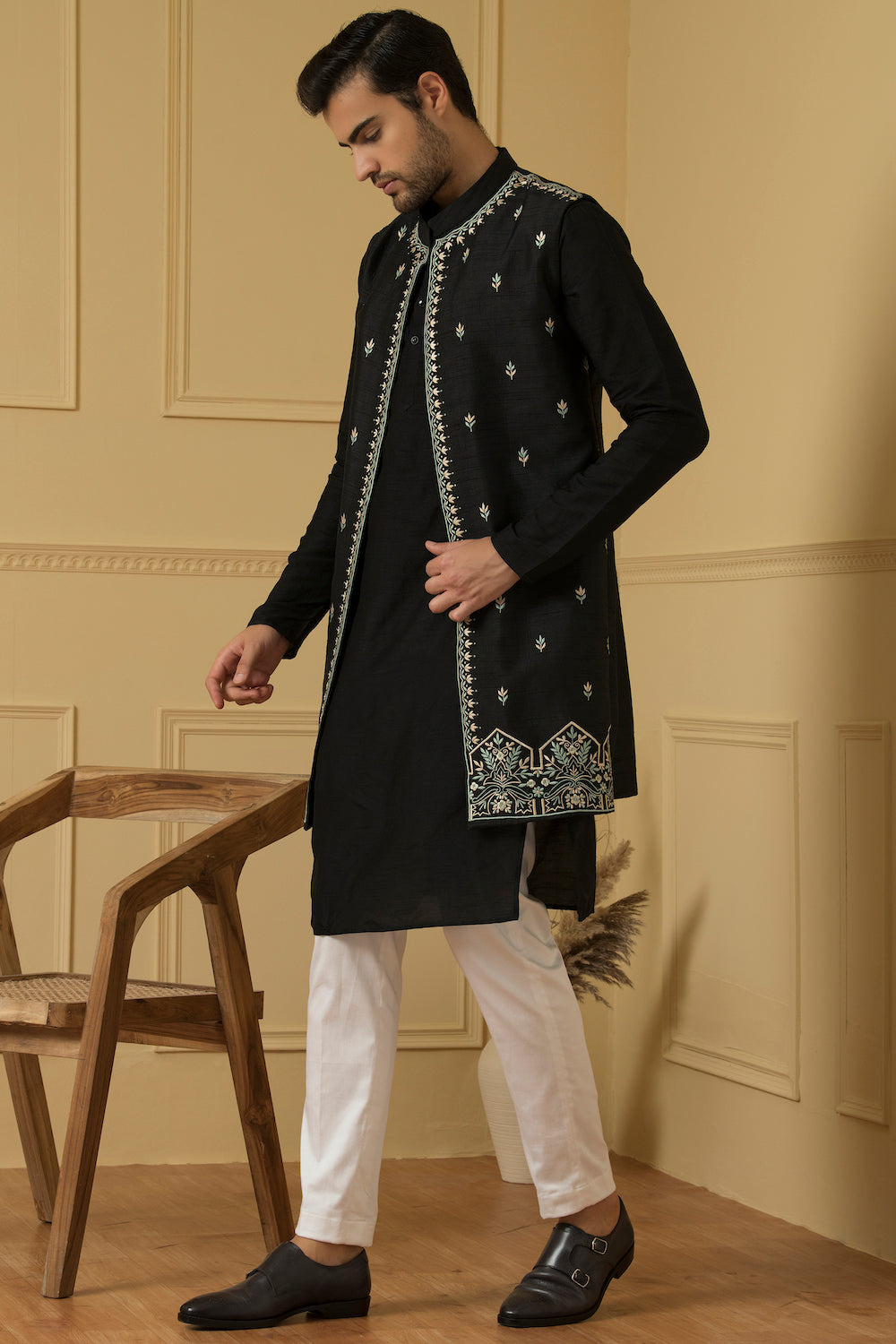 Men's Elegant Dupion Silk Long Nehru Jacket Set