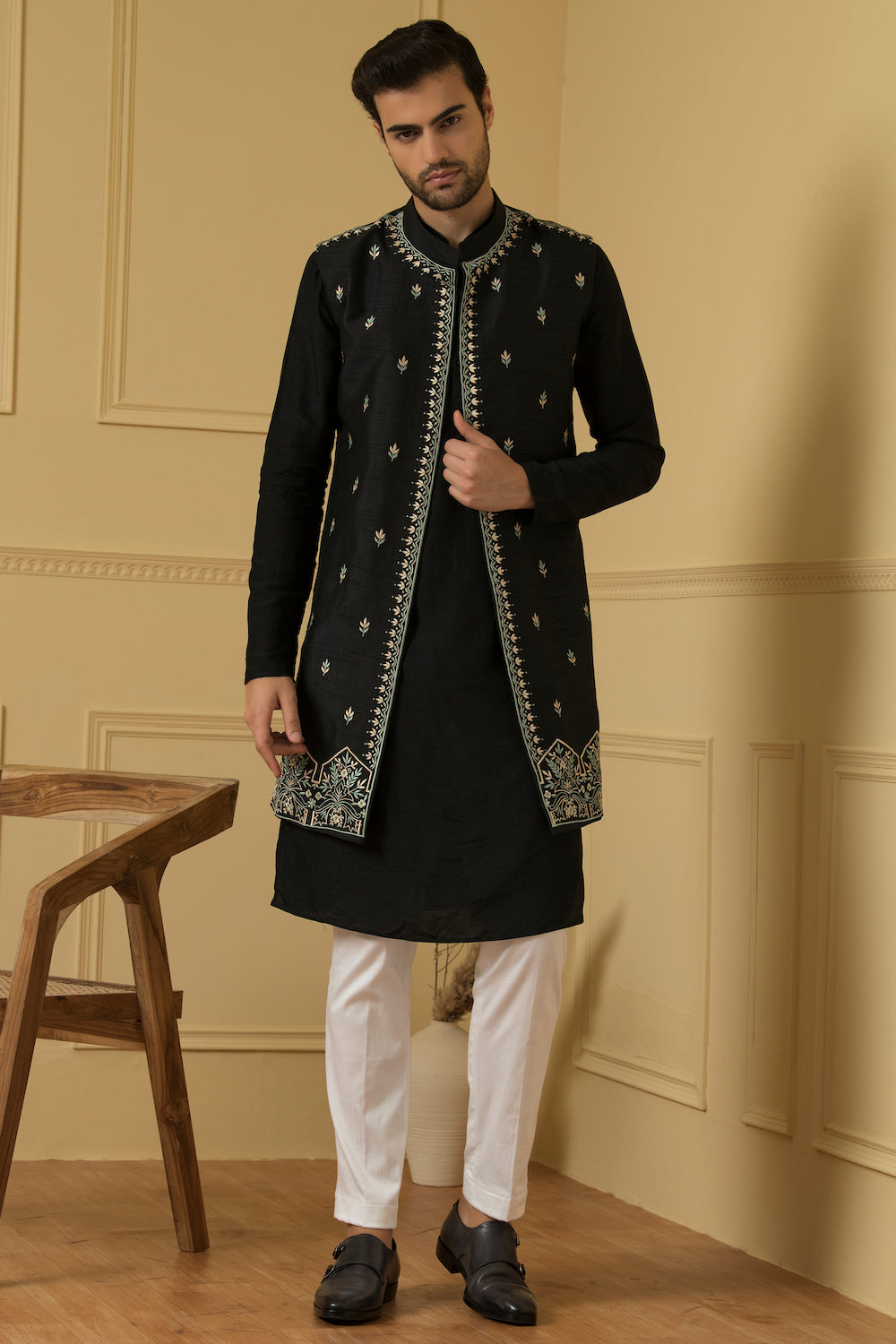 Men's Elegant Dupion Silk Long Nehru Jacket Set - Hilo Design