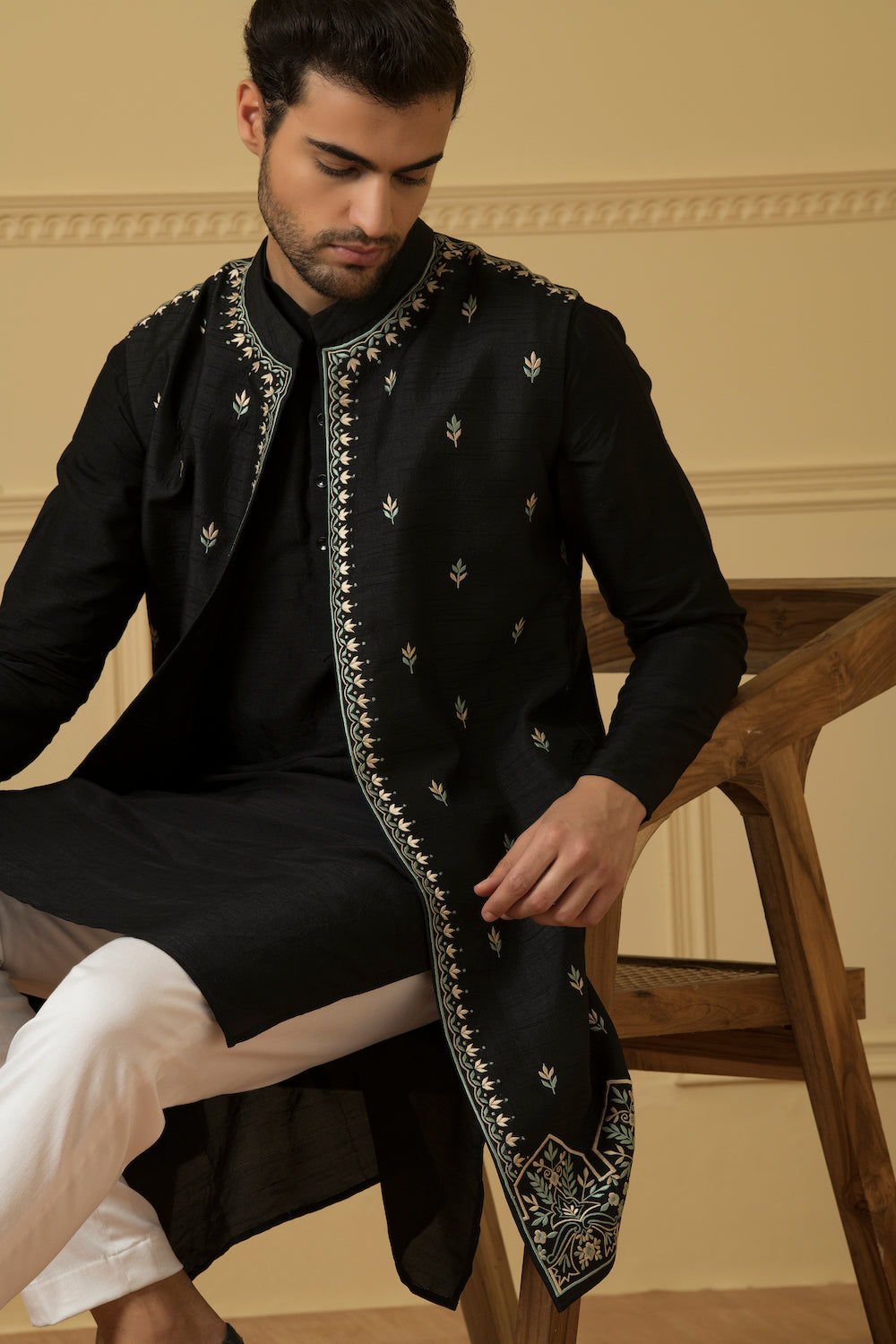 Men's Elegant Dupion Silk Long Nehru Jacket Set - Hilo Design