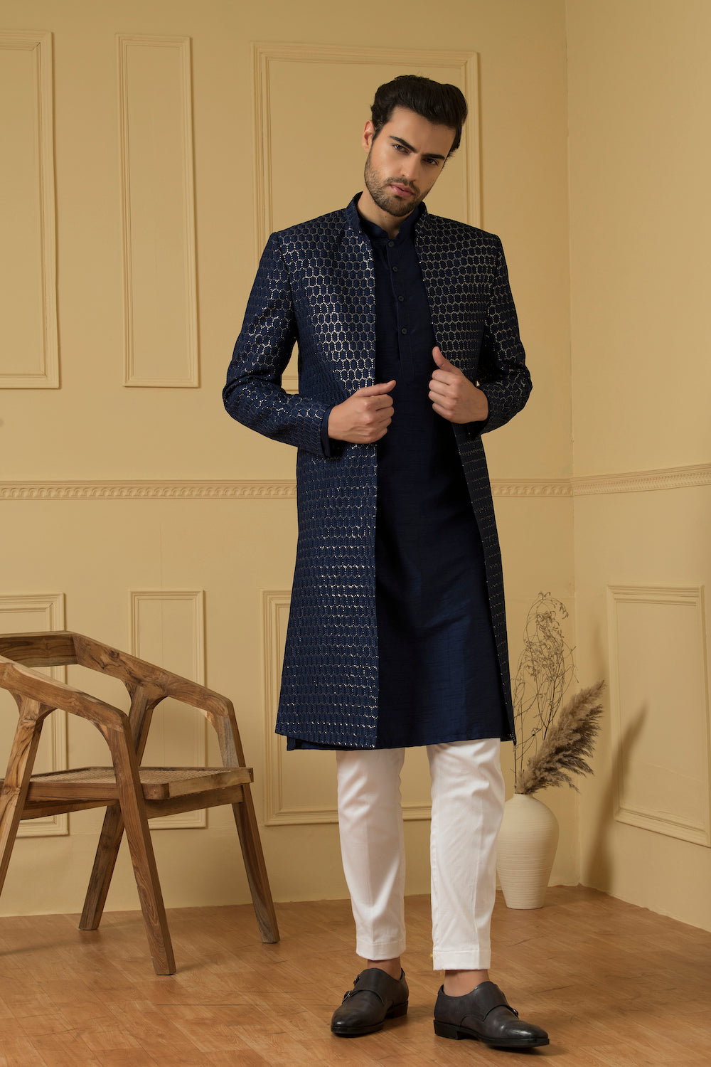 Men's Embroidered Silk Long Nehru Jacket Set - Hilo Design