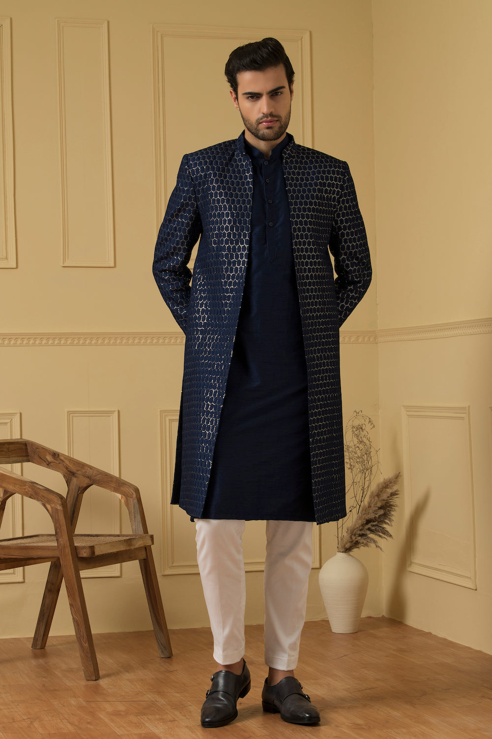 Men's Embroidered Silk Long Nehru Jacket Set - Hilo Design