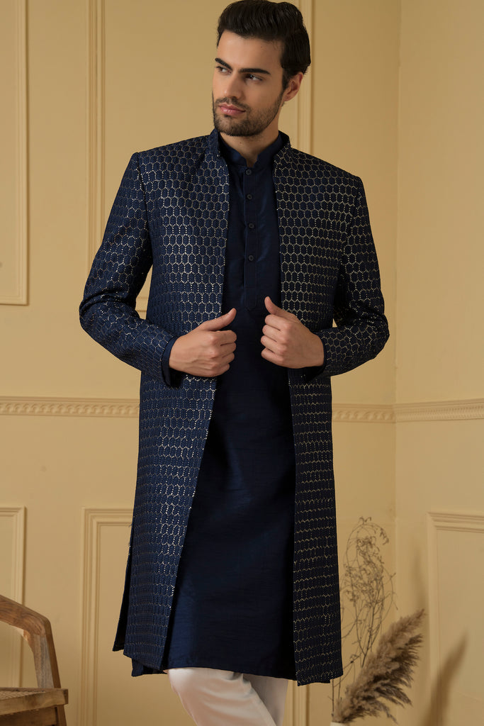 Men's Embroidered Silk Long Nehru Jacket Set