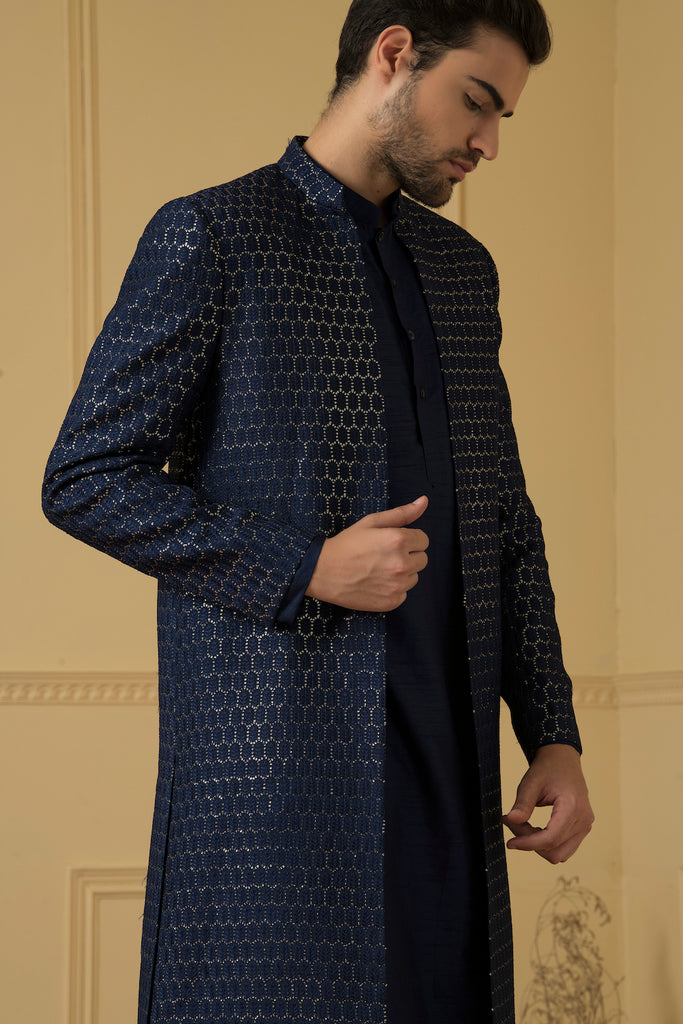 Men's Embroidered Silk Long Nehru Jacket Set