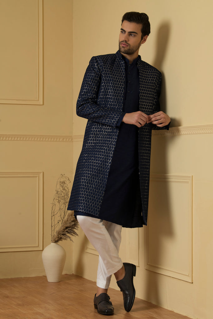 Men's Embroidered Silk Long Nehru Jacket Set