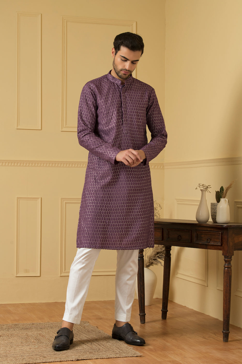 Men's Purple Lucknowi Threadwork Kurta - Hilo Design