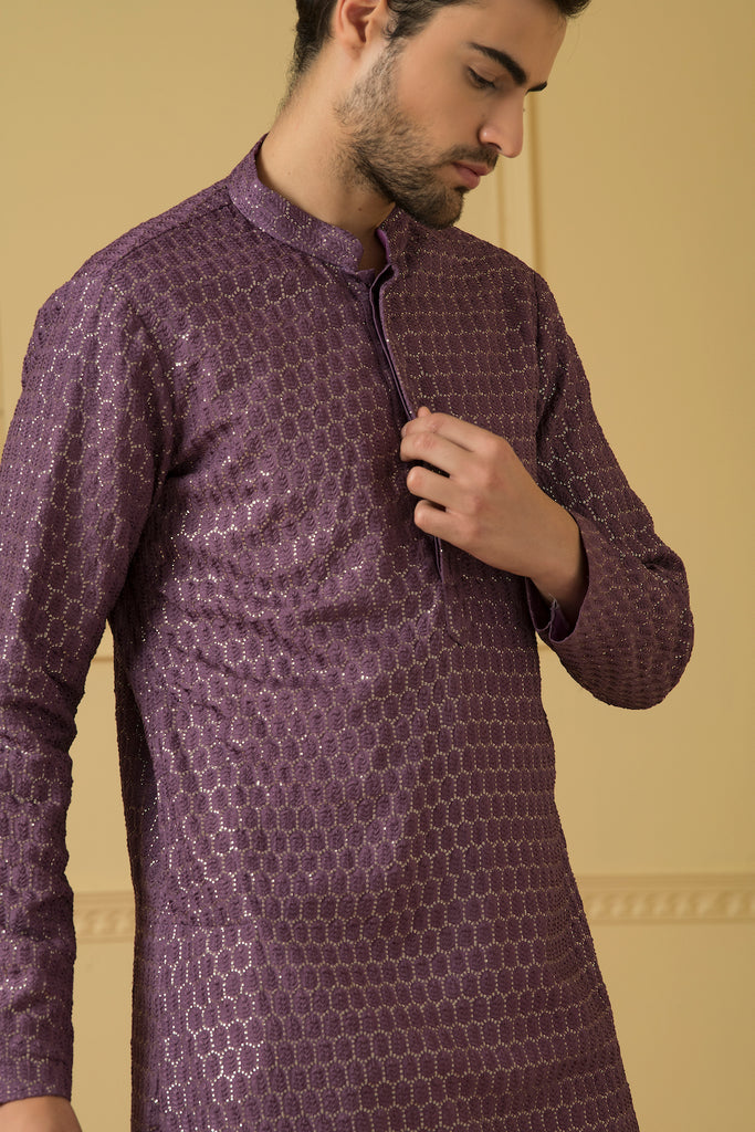 Men's Purple Lucknowi Threadwork Kurta