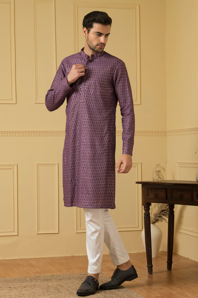 Men's Purple Lucknowi Threadwork Kurta