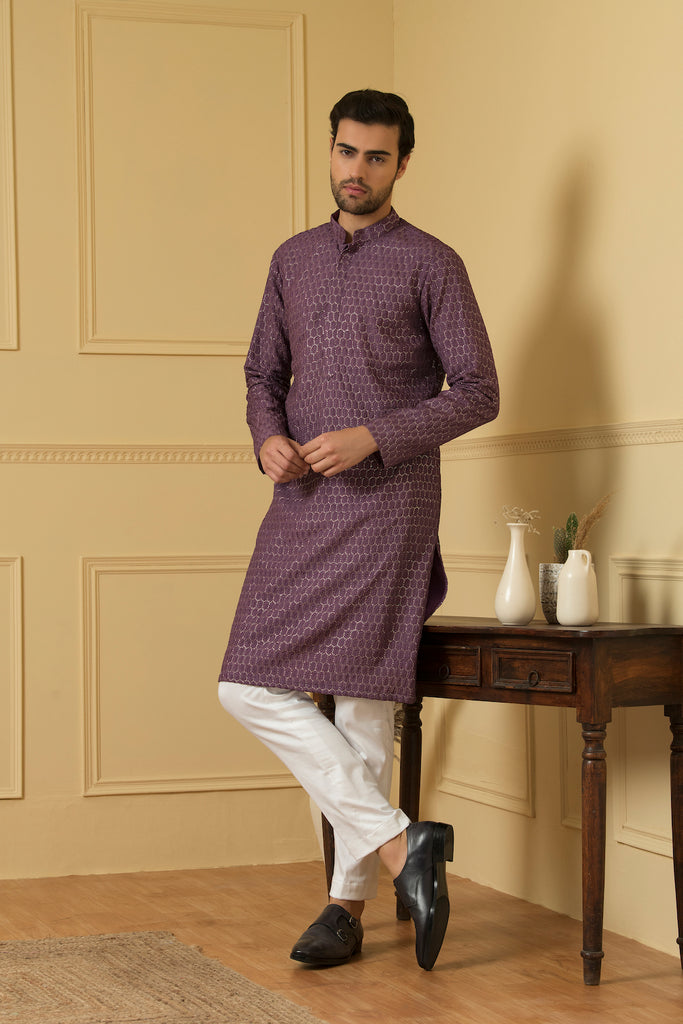 Men's Purple Lucknowi Threadwork Kurta