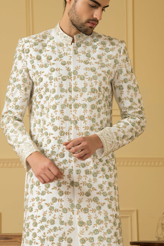 Men's Off White Embroidered Sherwani