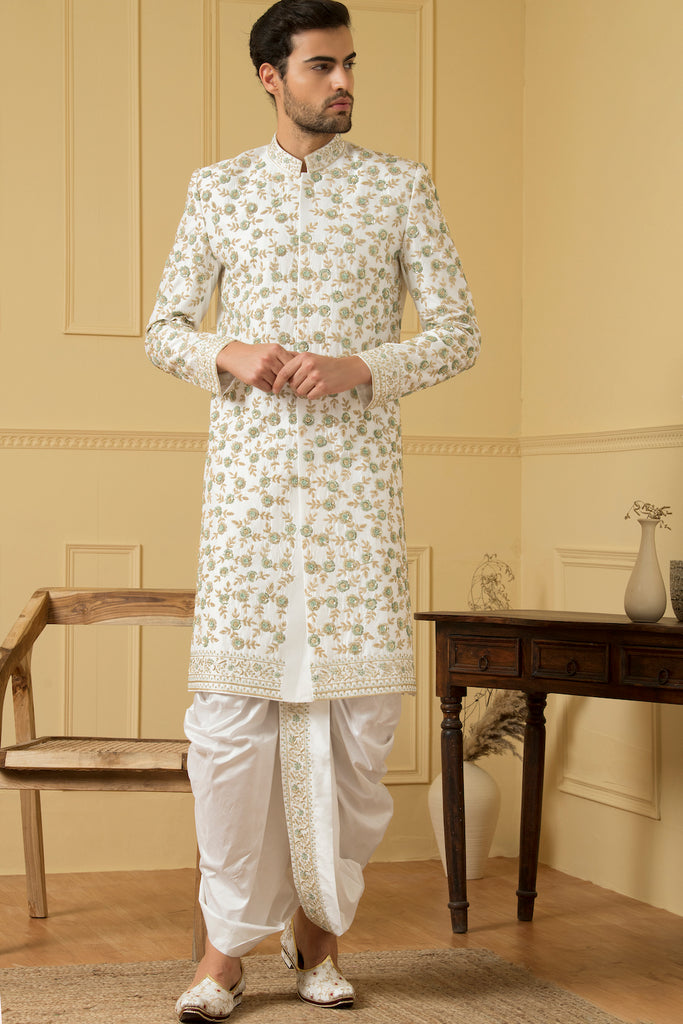 Men's Off White Embroidered Sherwani