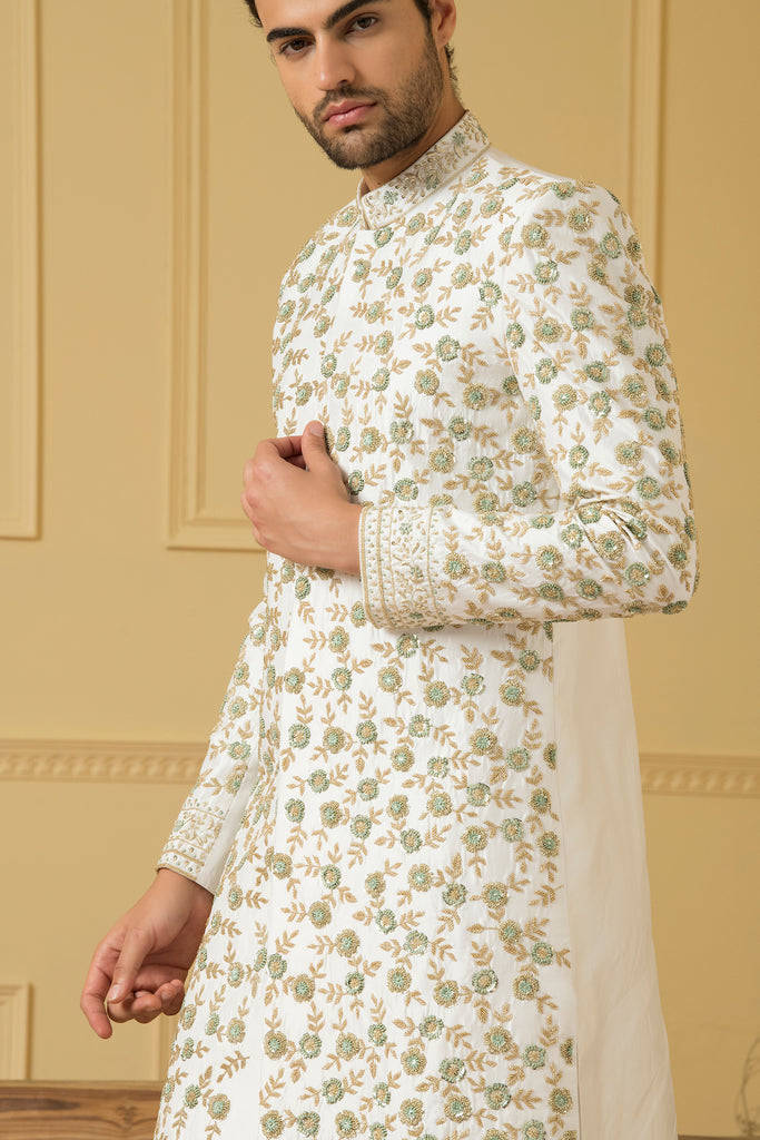 Men's Off White Embroidered Sherwani
