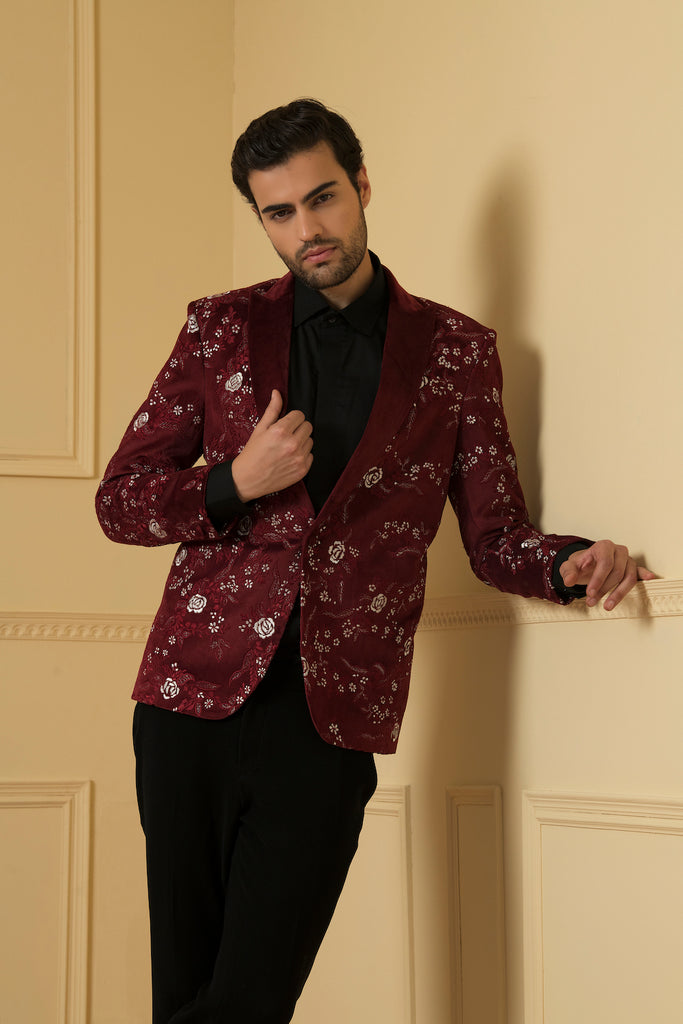 Men's Maroon Embriodered Blazer