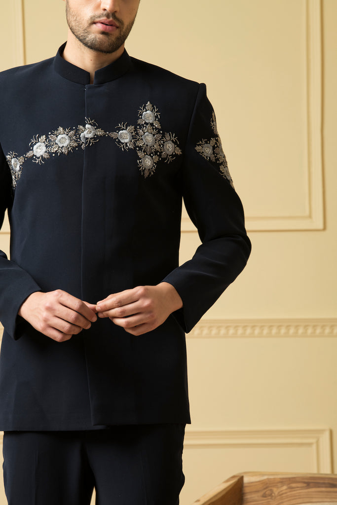 Men's Silver Zardozi Embroidery Blue Bandhgala Set