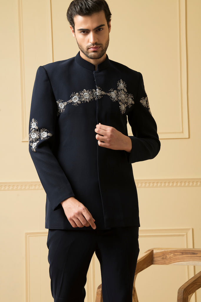 Men's Silver Zardozi Embroidery Blue Bandhgala Set
