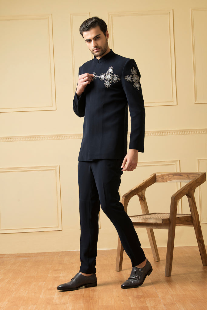 Men's Silver Zardozi Embroidery Blue Bandhgala Set