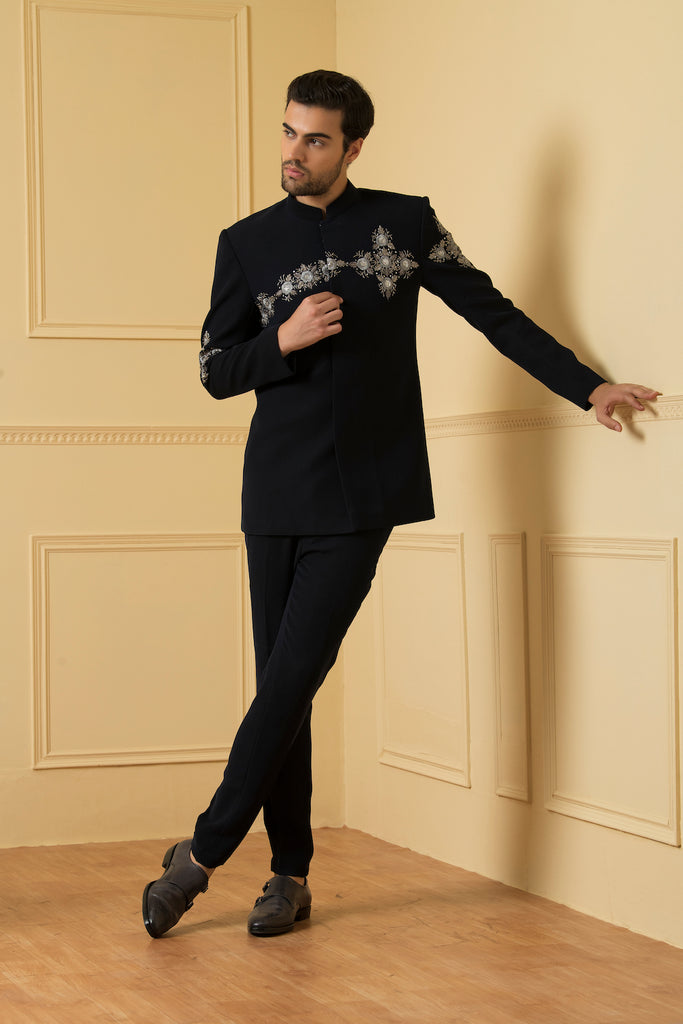 Men's Silver Zardozi Embroidery Blue Bandhgala Set