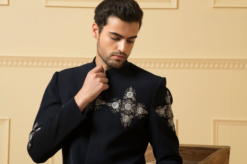 Men's Silver Zardozi Embroidery Blue Bandhgala Set