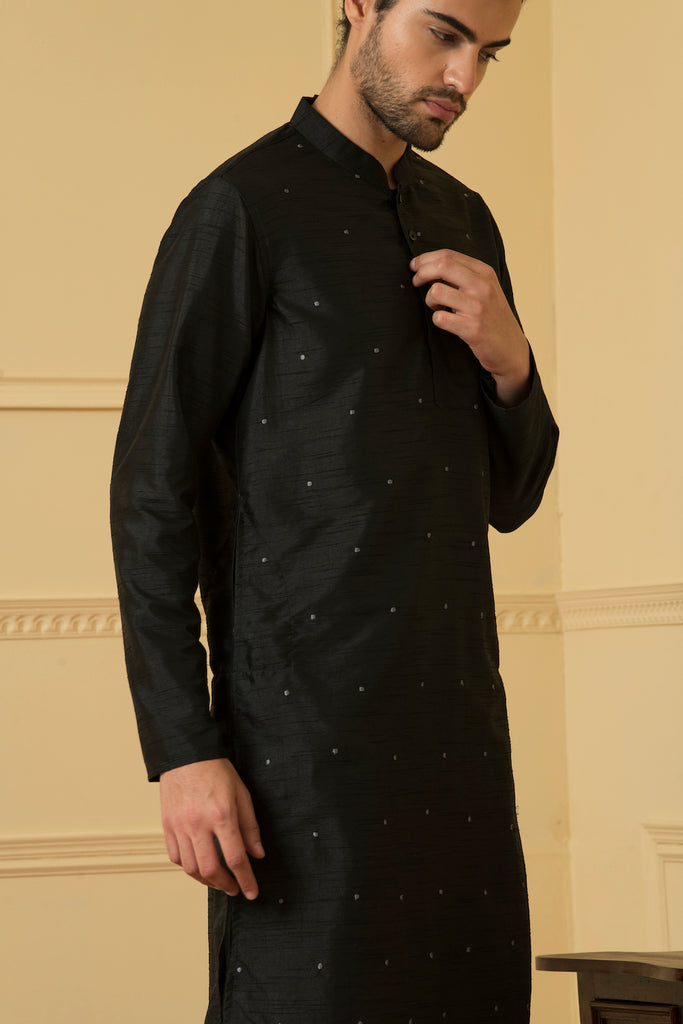 Men's Black Dot Embroidered Kurta