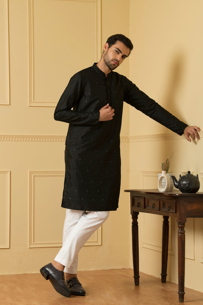 Men's Black Dot Embroidered Kurta